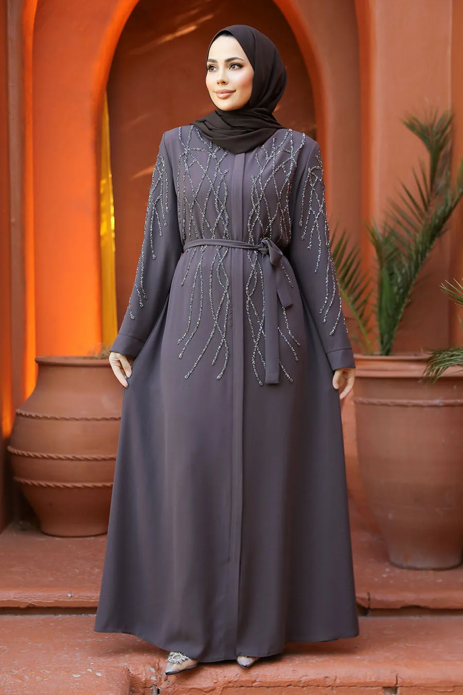 Naz Gray Long Belted Abaya With Long Sleeves